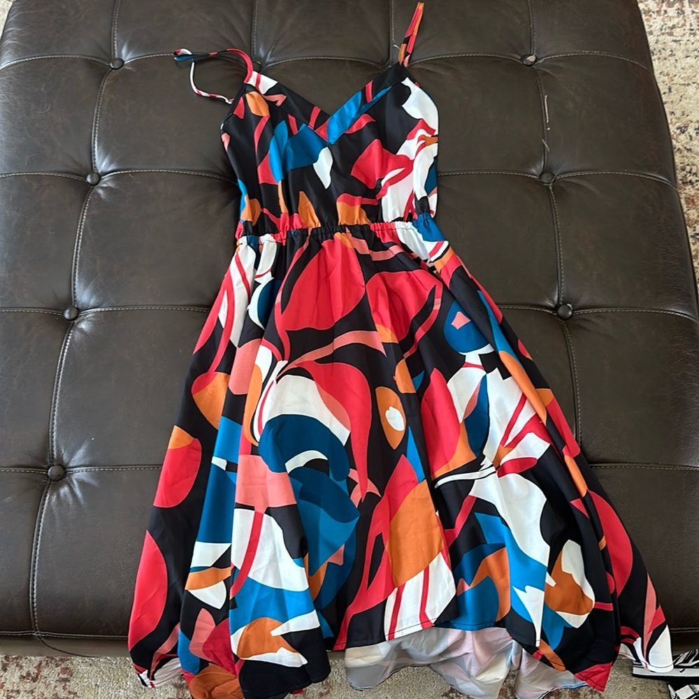 Red, Orange, Blue, Black, and White dress